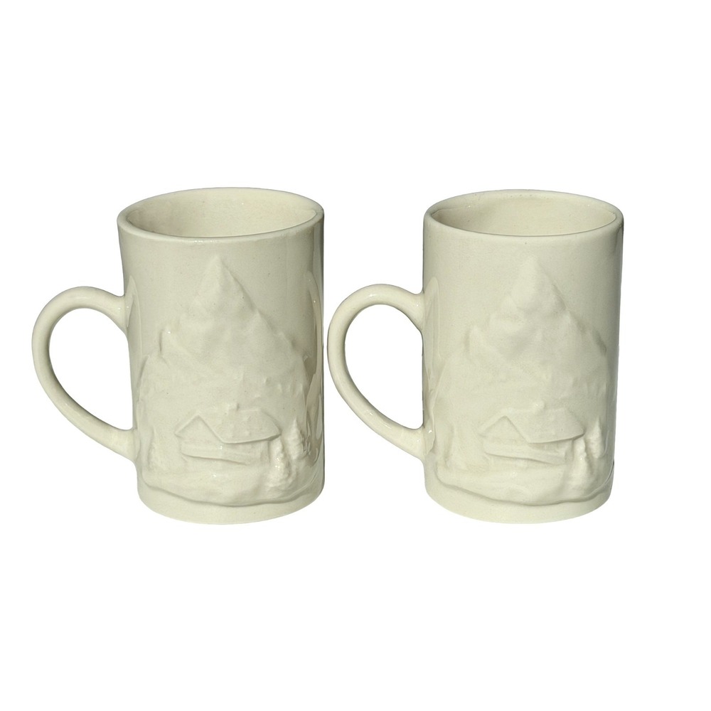 Vintage Cappuccino Mugs Retro 3D Cabin Mountain Set of 2 Natural Rustic
